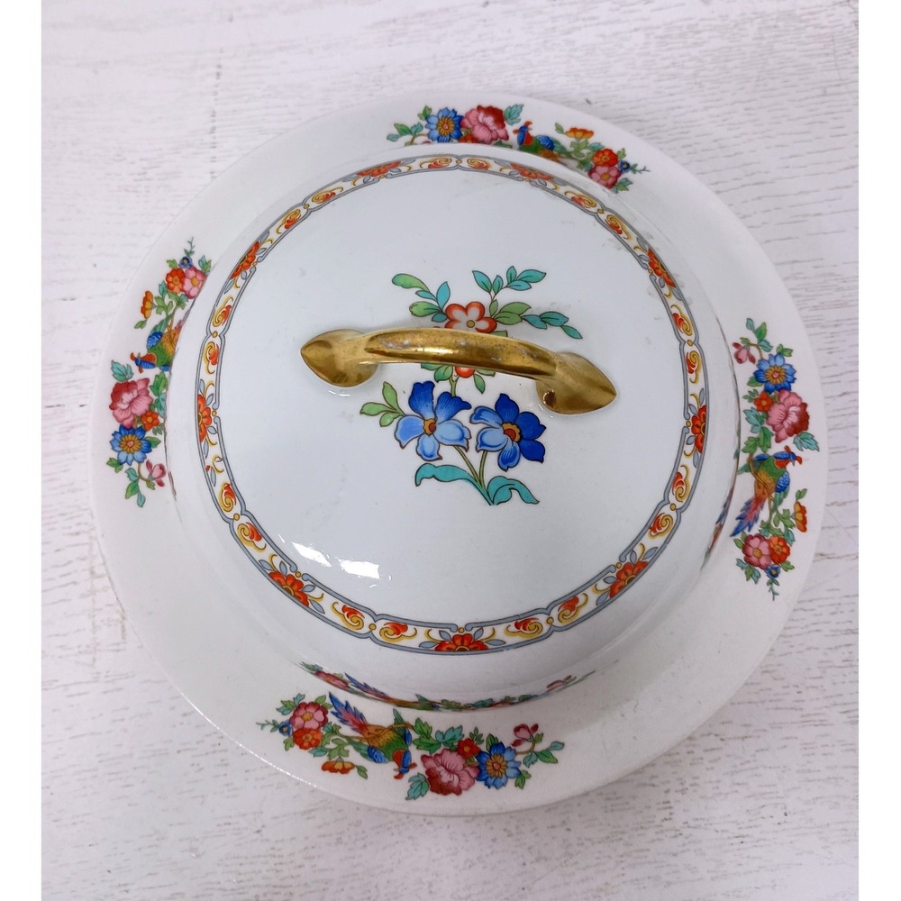 Vintage York Butter Dish Round Covered 18 Carat Gold Trim Floral Bird White 7.5"